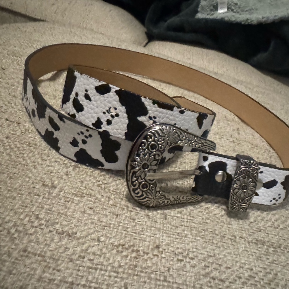 Women's Cow Print Leather Belt with Ornate Silver Buckle